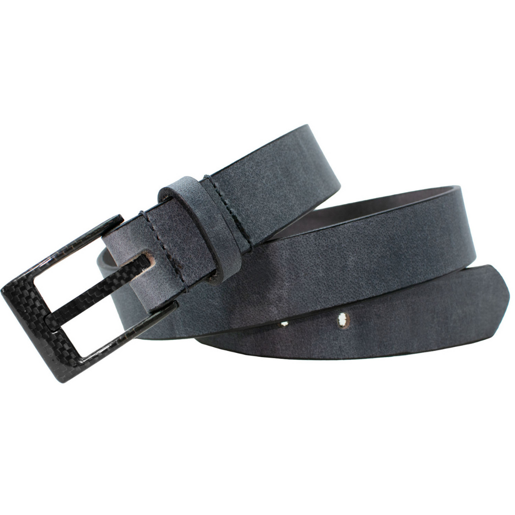 Distressed Gray Leather belt with black edges and Black carbon fiber buckle