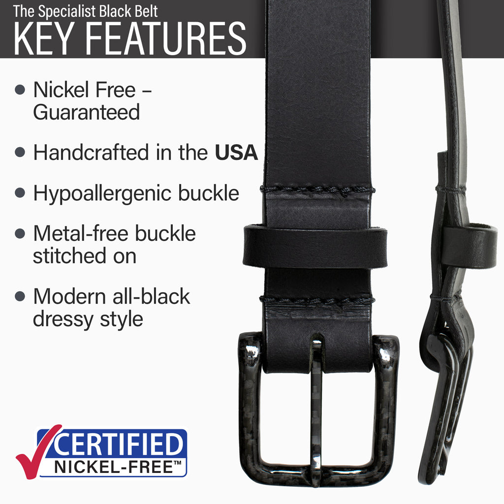 Features of Specialist Black Leather Belt | Stitched on metal-free carbon fiber buckle, USA made 