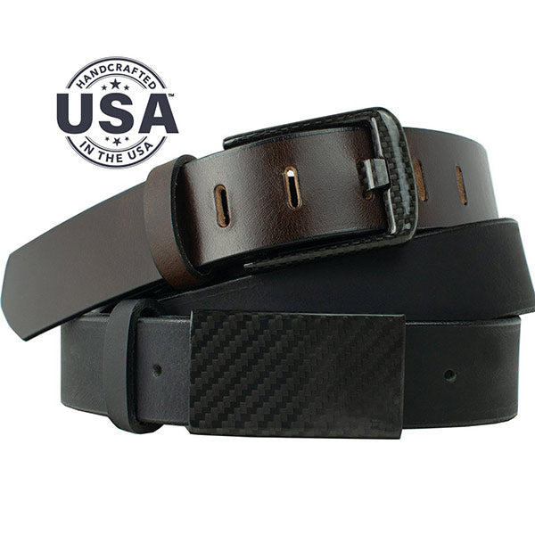Zero Metal Belt Duo by Nickel Smart, travel belt, black carbon fiber buckles, brown & black leather