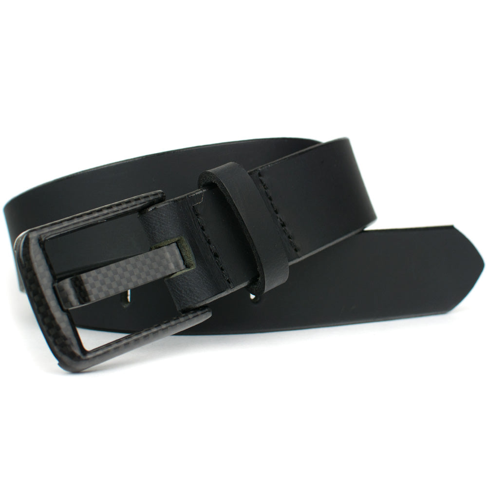Wide Pin Black Leather Belt by Nickel Smart - Hypoallergenic. Rounded, black carbon fiber buckle
