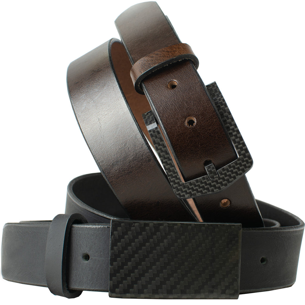 Image of Stealth Brown Leather Belt with CF 2.O Black Leather belt. Both belts have a black carbon fiber buckle.