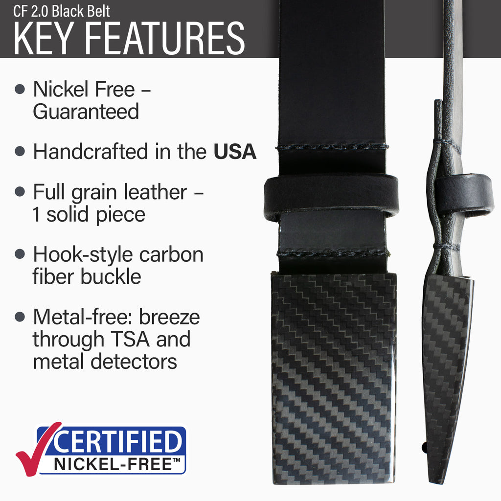 CF 2.0 Black Belt features | nickel/metal free, full grain leather, hook-style carbon fiber buckle