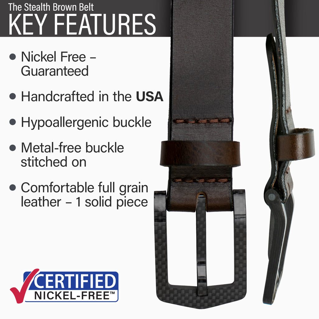 Hypoallergenic buckle, USA made, stitched on buckle, nickel-free carbon fiber buckle, modern style