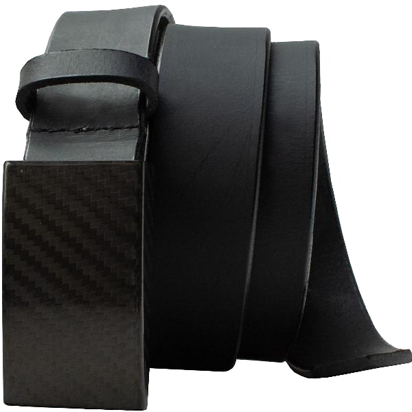 CF 2.0 Belt By Nickel Smart. Black carbon fiber hook buckle sewn to black full grain leather strap.