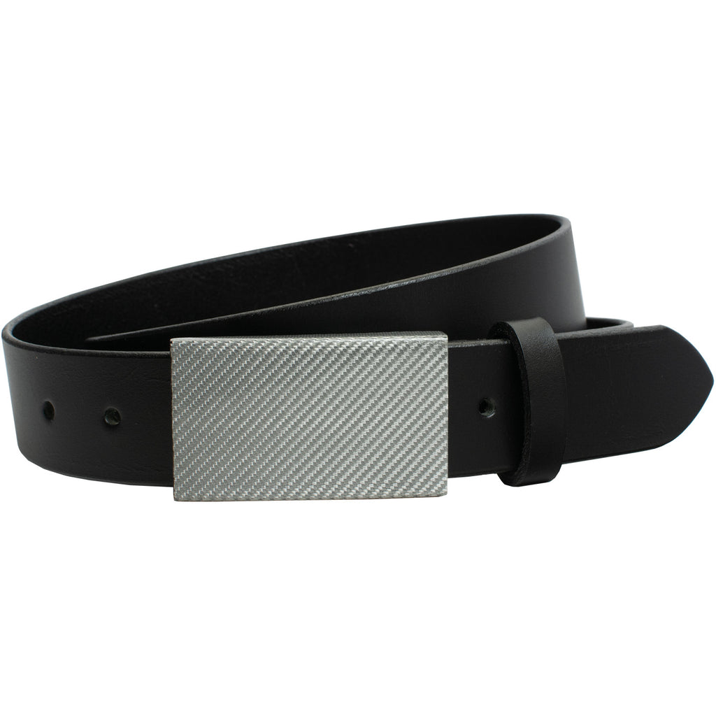 USA Made. Black top grain leather with silver weave carbon fiber hook rectangular buckle. 