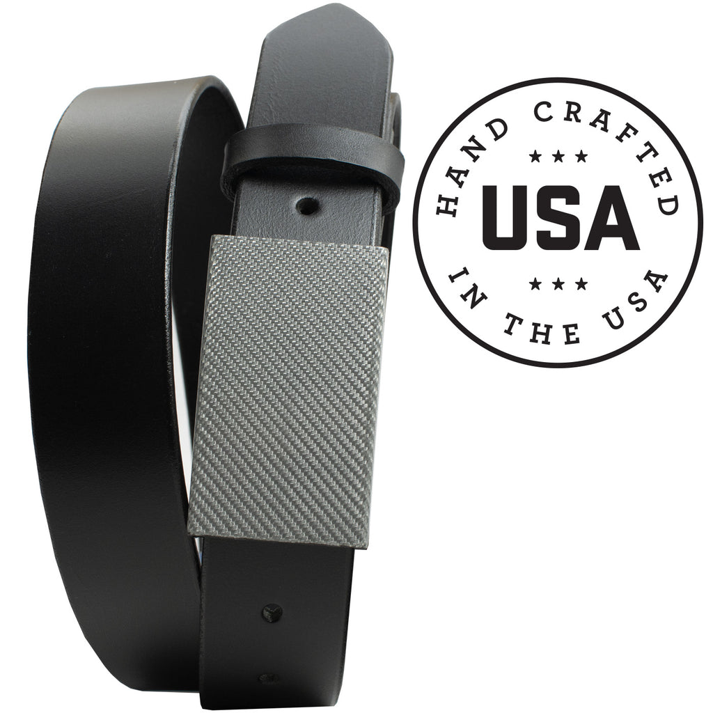 CF 2.0 Black Belt with Silver Weave Buckle by Nickel Smart - USA made. Carbon fiber hook buckle
