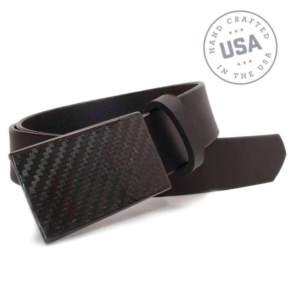 CF 2.0 Belt. Made in USA. Black leather strap with hook-style black carbon fiber buckle.