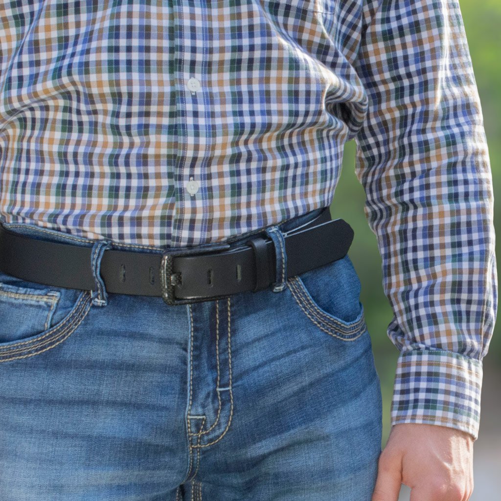Image of Wide Pin Black Leather Belt by Nickel Smart on model. TSA Friendly. Casual Belt