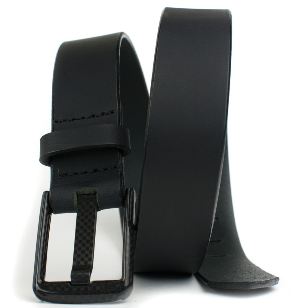 Image of black leather belt with black carbon fiber buckle with a wide pin. TSA Friendly