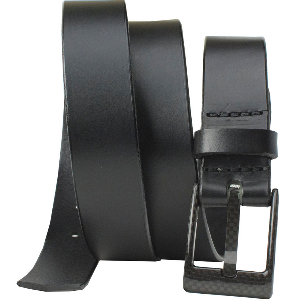 Image of The Classified Black Leather Belt with a black square carbon fiber buckle. Nickel Free 