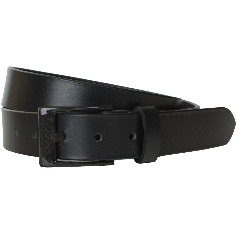 Black Carbon Fiber Buckle sewn to black leather strap | TSA Friendly | Beep Free Belt 