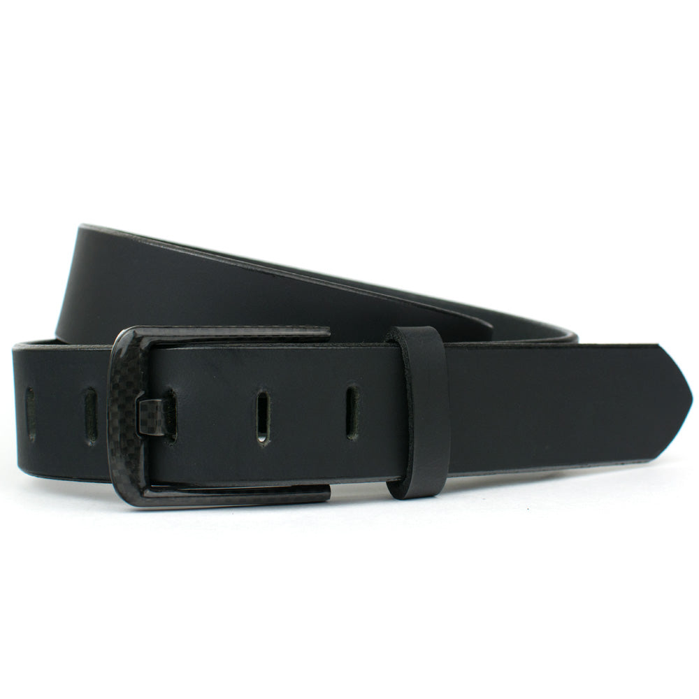 Image of Wide Pin Black Leather Belt by Nickel Smart. black carbon fiber buckle with wide buckle pin