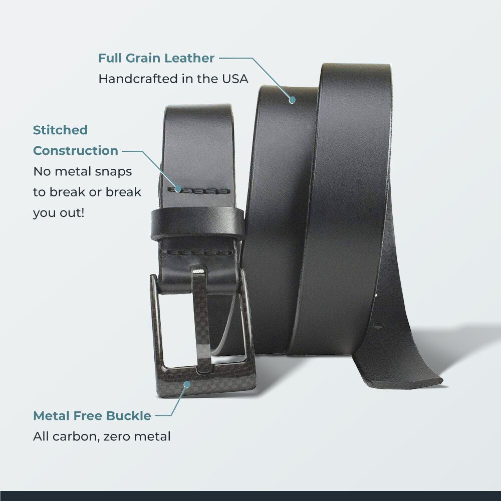 The Classified Black Leather Belt By Nickel Smart® | Full Grain Leather | Handcrafted in the USA | Stitched Construction | No Metal Snaps | Metal Free Buckle - All carbon, zero metal