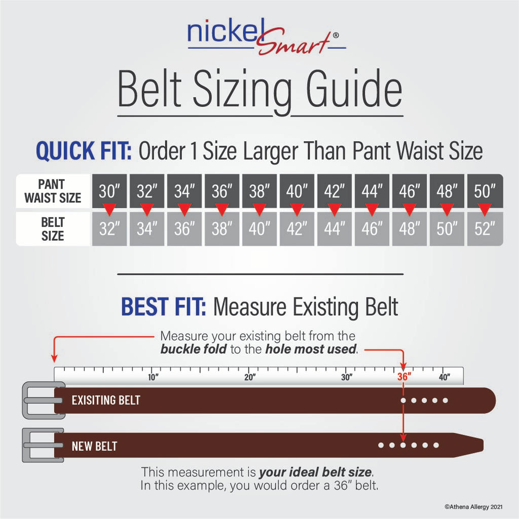 Belt Sizing Guide. Quick Fit: Order 1 size larger than pant waist size. Questions call 704-947-1917.
