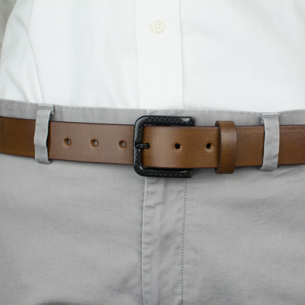 The Specialist Brown Belt on model - no nickel, hypoallergenic, shiny leather, carbon fiber buckle