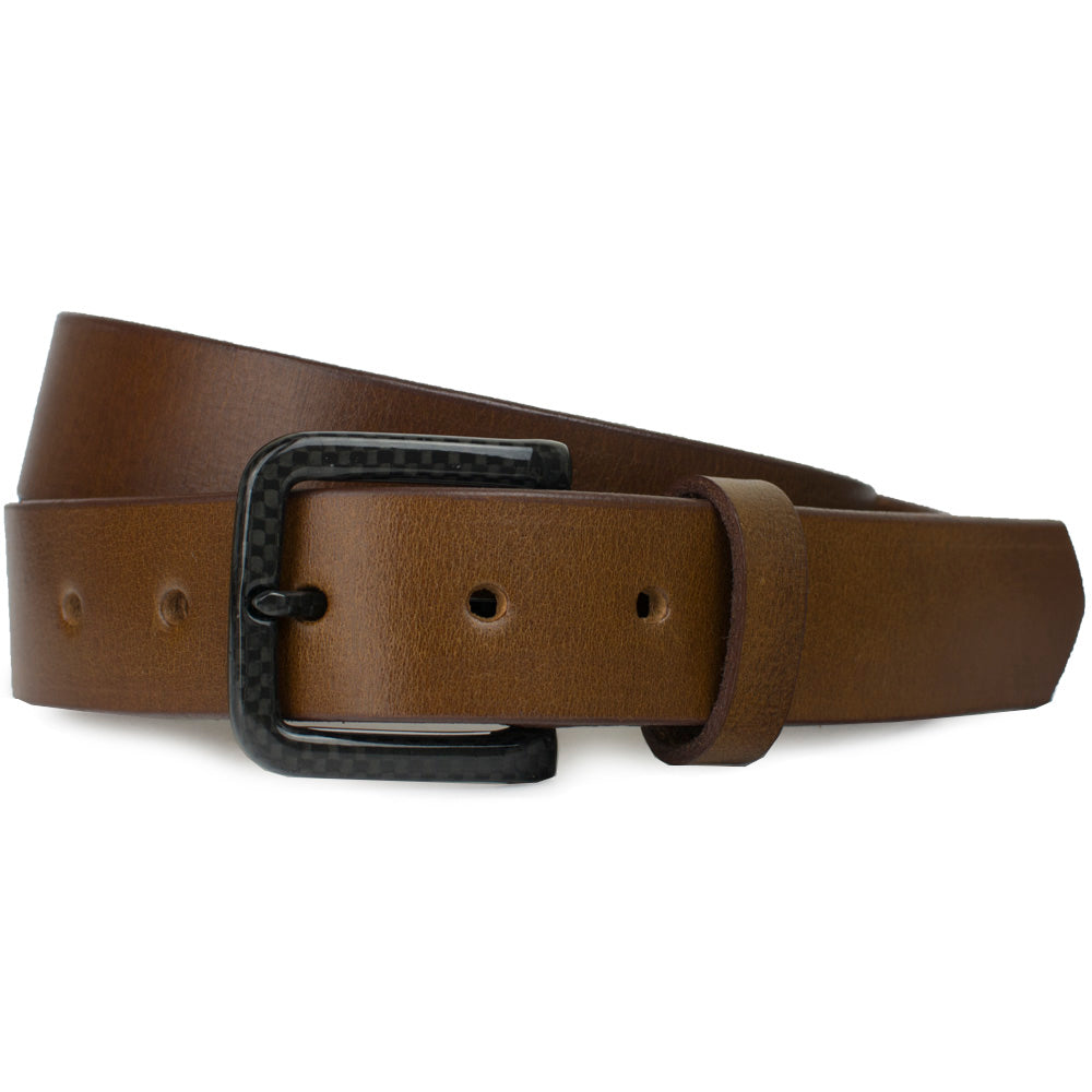 The Specialist Brown Belt by Nickel Smart - genuine brown leather, carbon fiber buckle