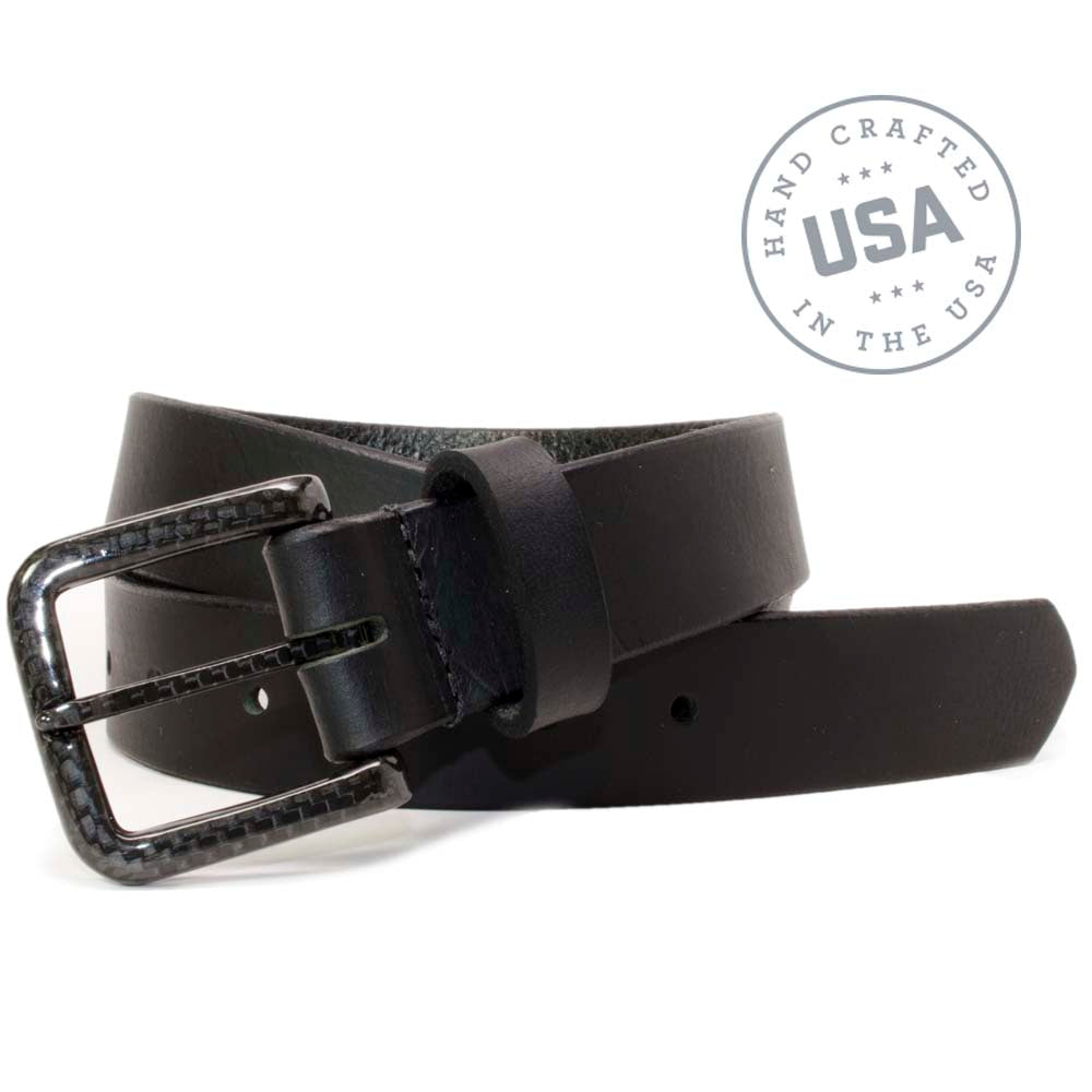 Image of The Specialist Black Leather Belt. Black leather strap & a curved black carbon fiber buckle