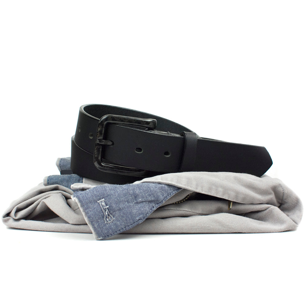 Image of The Specialist Black Leather Belt. Black leather strap & a curved black carbon fiber buckle