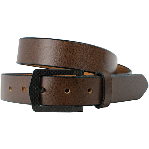 The Stealth Brown Belt - curved black carbon fiber buckle sewn on to brown leather strap