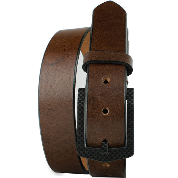The Stealth Brown Belt by Nickel Smart - curved black carbon fiber pin buckle, travel belt, USA made