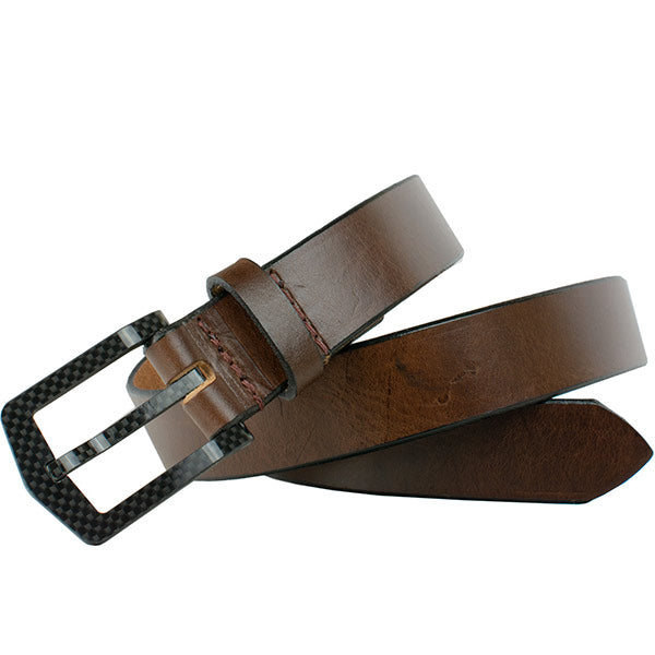 Stealth Brown Leather Belt. The belt has a shiny brown leather strap and black carbon fiber buckle.