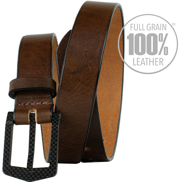 The Stealth Brown Belt -  made in the USA, full grain leather, curved black carbon fiber buckle