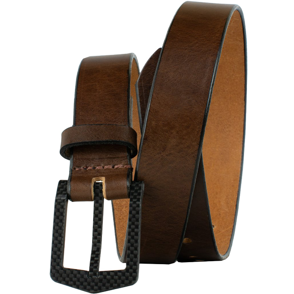 The Stealth Brown Leather Belt-medium brown colored leather strap & curved black carbon fiber buckle