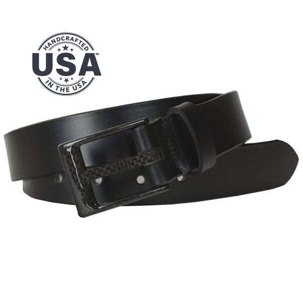 Image of Black leather belt with black carbon fiber buckle. Made in USA. Beep Free Belt