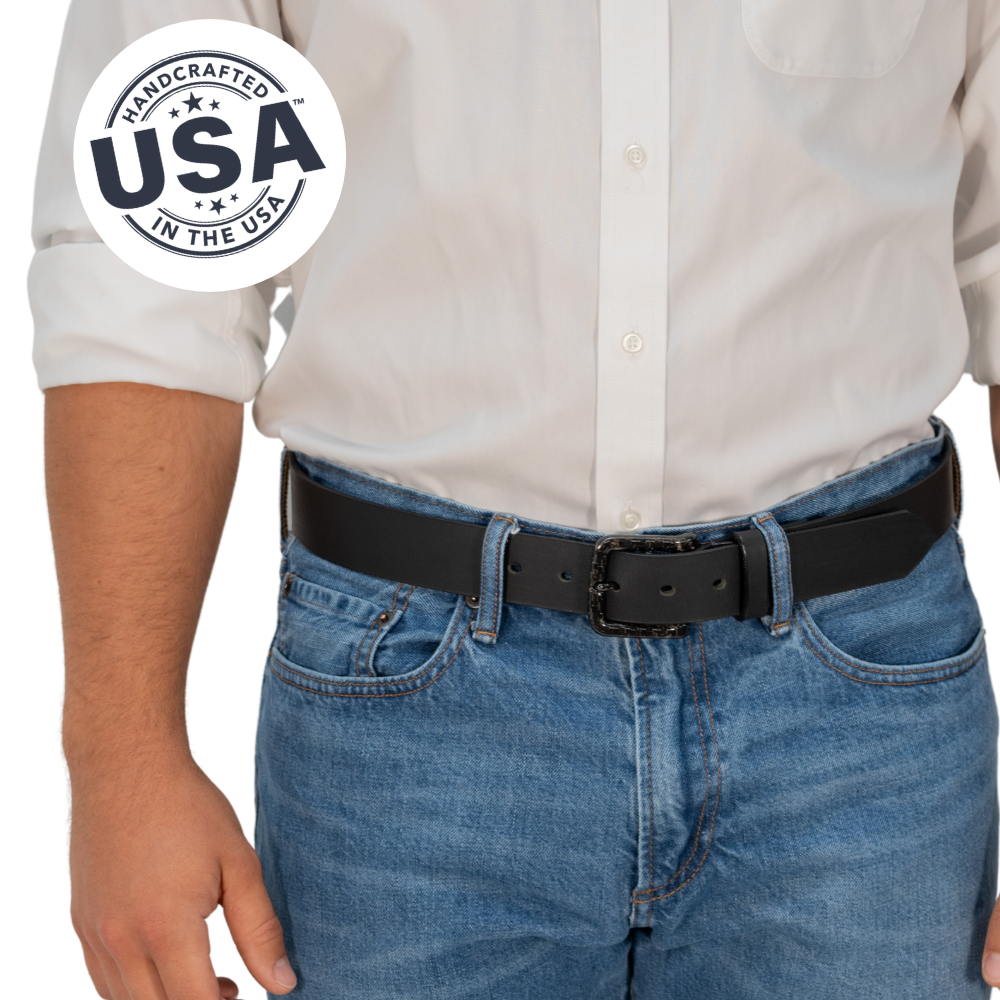Image of model wearing Black full grain leather belt with carbon fiber buckle. modern style