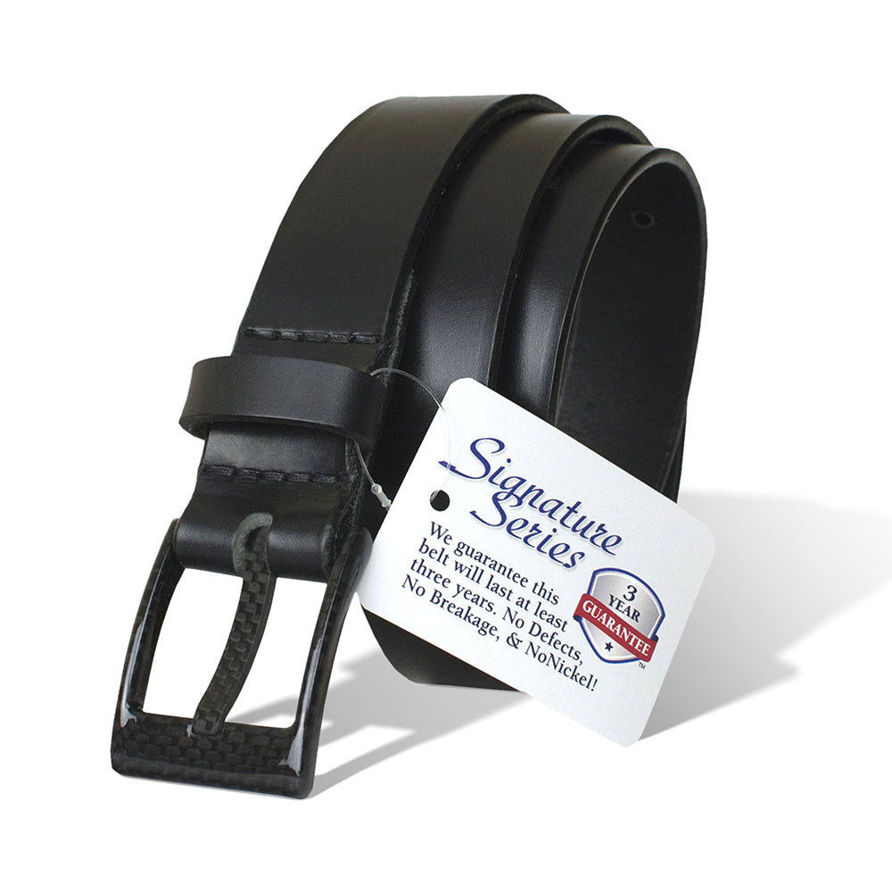 The Classified Black Leather Belt by Nickel Smart 3 year guarantee.  Beep Free. No Metal Belt