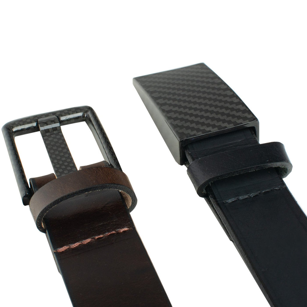 Zero Metal Belt set.  Wide pin carbon fiber buckle (brown) and carbon fiber hook buckle (black). 