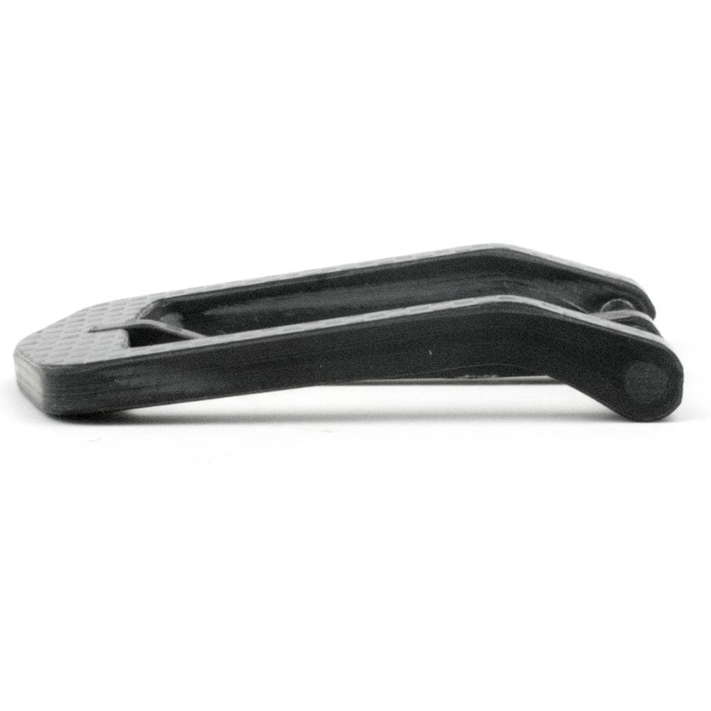 Carbon Fiber Pin Buckle 4.0. Side shot showing the angular arch and thickness of metal-free buckle.