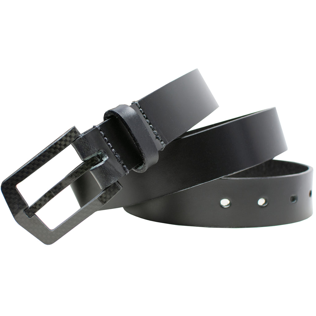 Stealth Black Leather Belt. The belt has a shiny black leather strap and black carbon fiber buckle.
