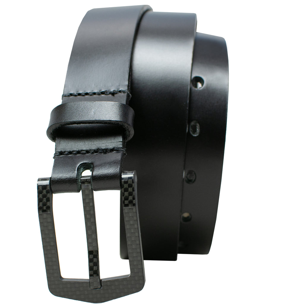 Stealth Black Leather Belt - Curved black carbon fiber buckle is TSA Friendly with black leather 